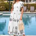 PRETTYGARDEN Boho Dresses for Women Summer Spring Casual Floral Short Sleeve V Neck Maxi Elastic Waist Dress Pockets, Size: L