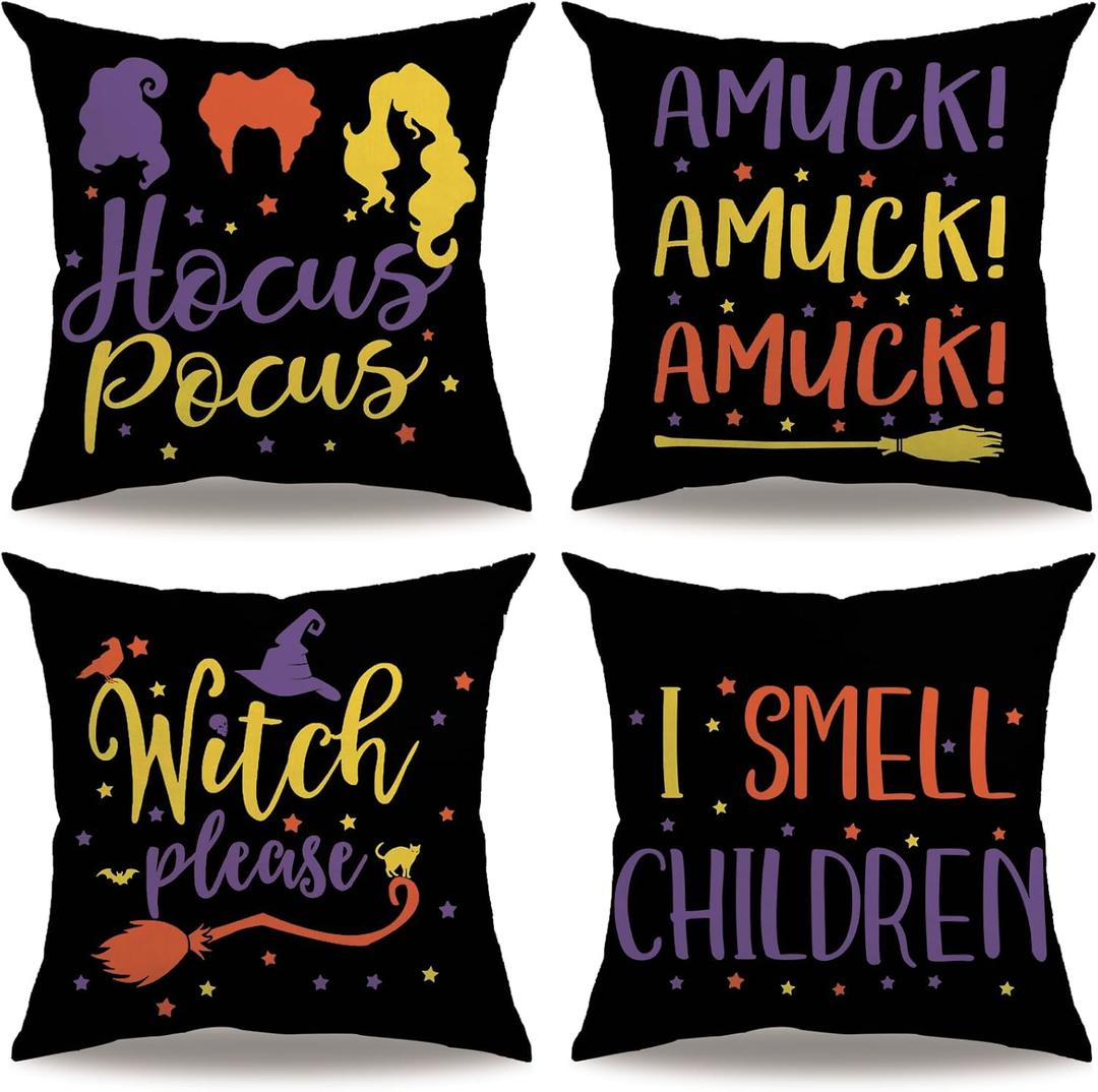 Halloween Decorative Pillow Covers Colorful Sanderson Sisters / Amuck / Hocus Pocus Pillowcases 18x18 Inch Happy Halloween Theme Home Decor Cushion Covers 4Pack for Sofa Couch Patio (Black, 1818)