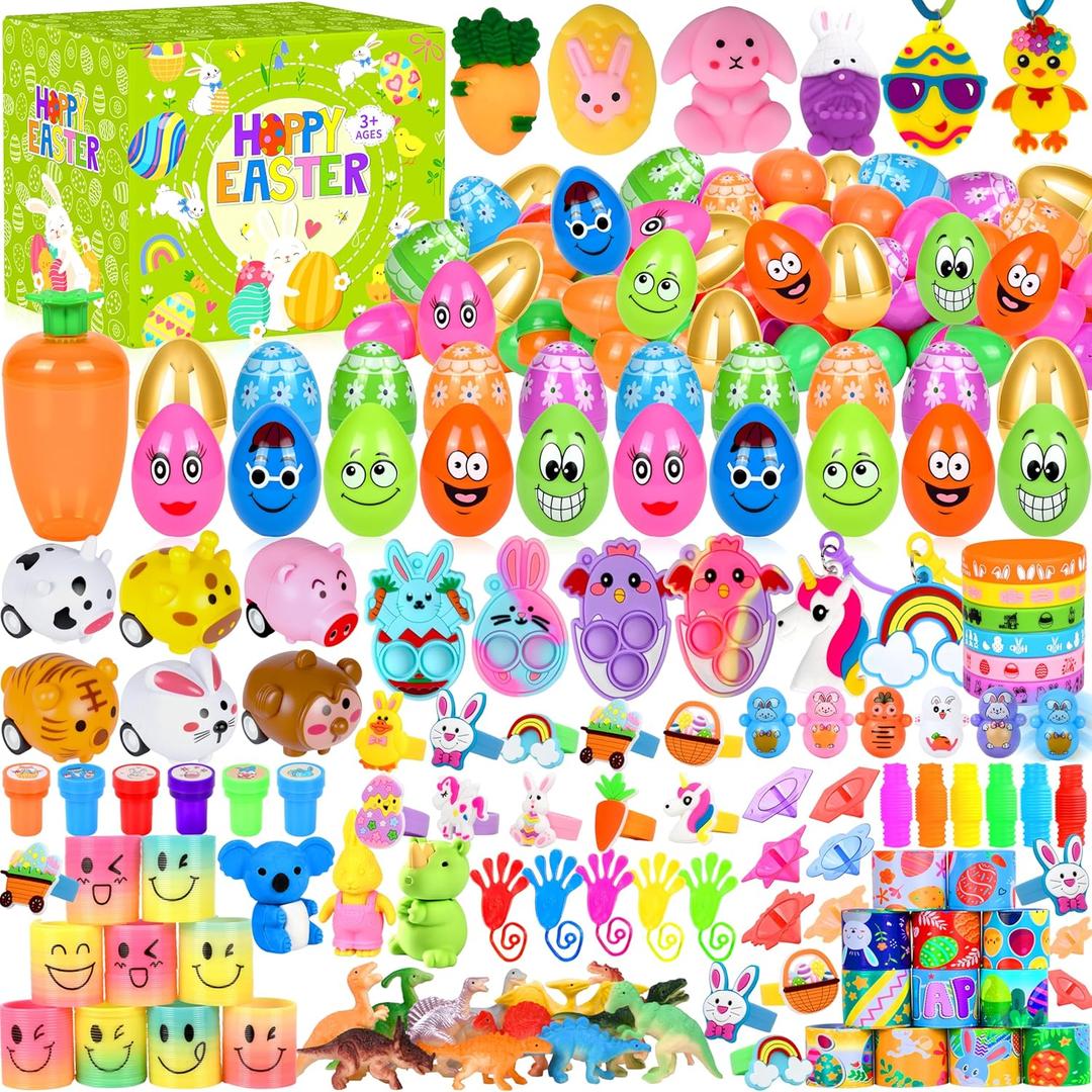 330Pcs Colorful Prefilled Plastic Easter Set, 110 Plactic Eggs Filled with 220 Assorted Toys Stickers Party Favors for Kids Boys Girls Toddlers Easter Eggs Hunt Basket Filler Stuffers Supplies