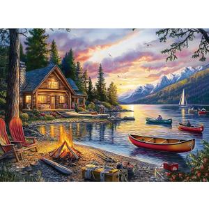 Jigsaw Puzzle for Adults 500 Pieces  500 Piece Puzzle with Scenic Cabin, Interlocking Adult Puzzles, Letter Clues, 1:1 Poster, Home Decor Gift | 20.5 x 15 in (Mountain Lake Bonfire)