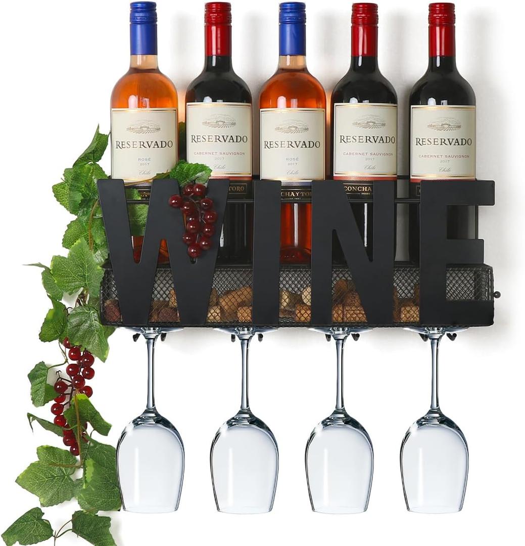 Wall Mounted Metal Wine Rack - Wine Rack Wall Mount Wine Bottle Holder 4 Long Stem Glass Holder & Wine Cork Storage Wine