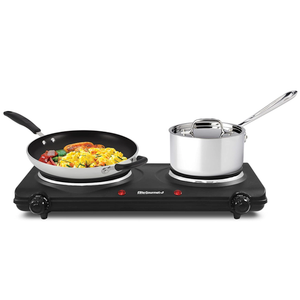 Elite Gourmet EDB302BF Countertop Double Cast Iron Burner, 1500 Watts Electric Hot Plate, Temperature Controls, Power Indicator Lights, Easy to Clean, Black