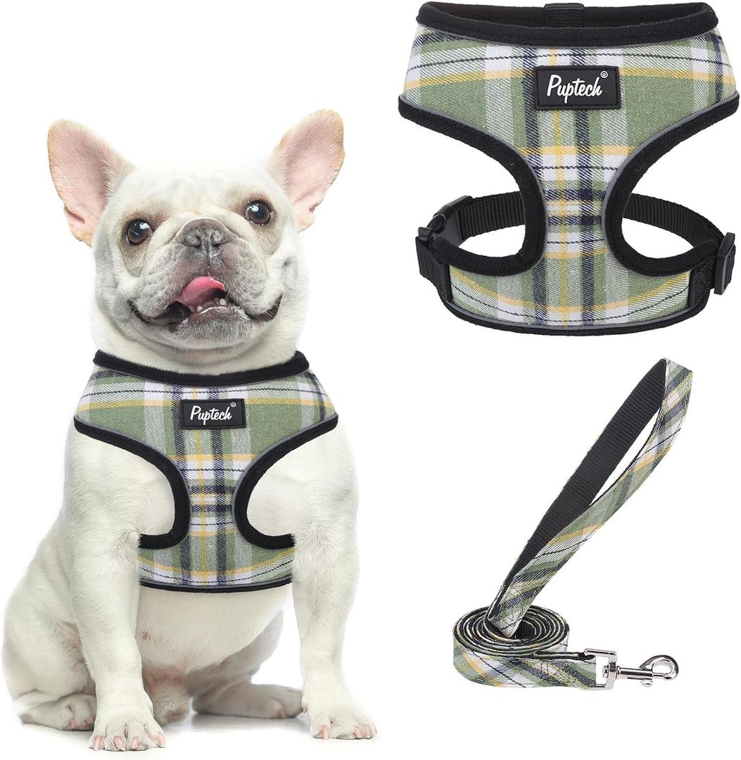 PUPTECK Soft Mesh Dog Harness and Leash Set Pet Puppy Cat Comfort Padded Vest No Pull Harnesses, Green/Yellow, M (NECK: 14", CHEST: 17"-21"))