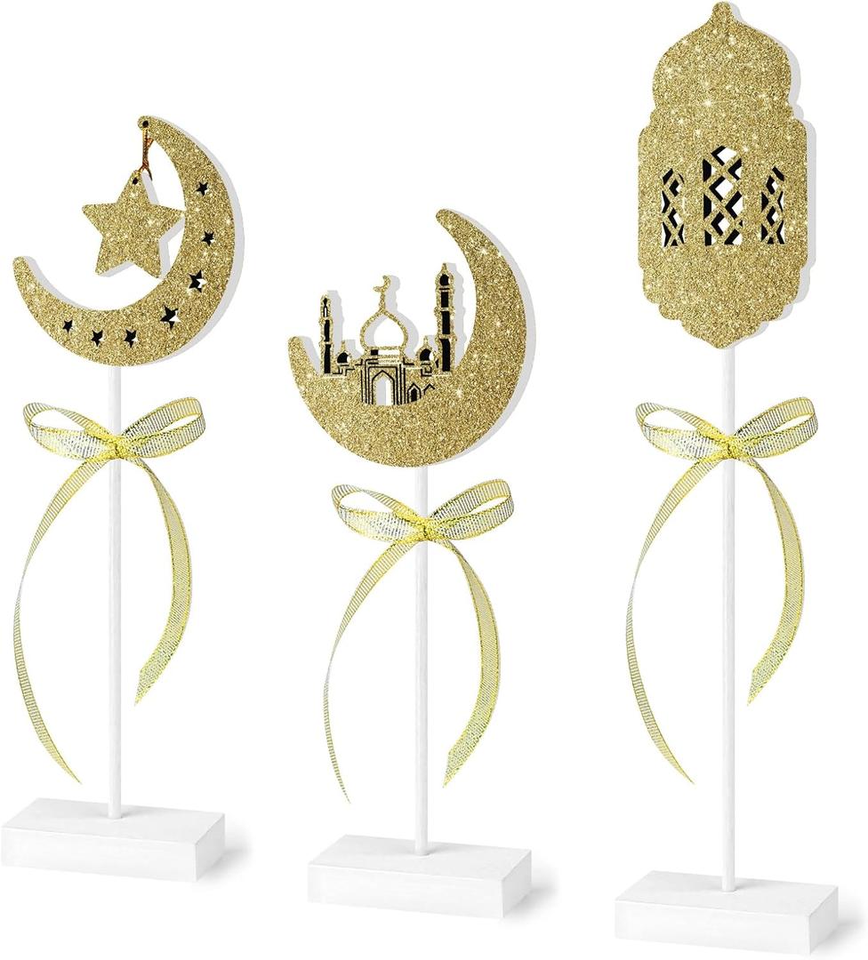3 Pieces Ramadan Wooden Tabletop Signs Decorations Eid Mubarak Table Centerpieces Decor Set Islamic Ramadan Tiered Tray Decor for Muslim Home Party Tabletop Decor