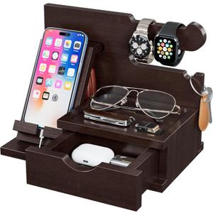Yirilan Wood Phone Docking Station, Nightstand Organizer, Birthday Gifts for Men -Gifts for Dad/Boyfriend/Grandpa, Anniversary, Christmas, Graduation Travel Idea Gadgets-Brown (XL)