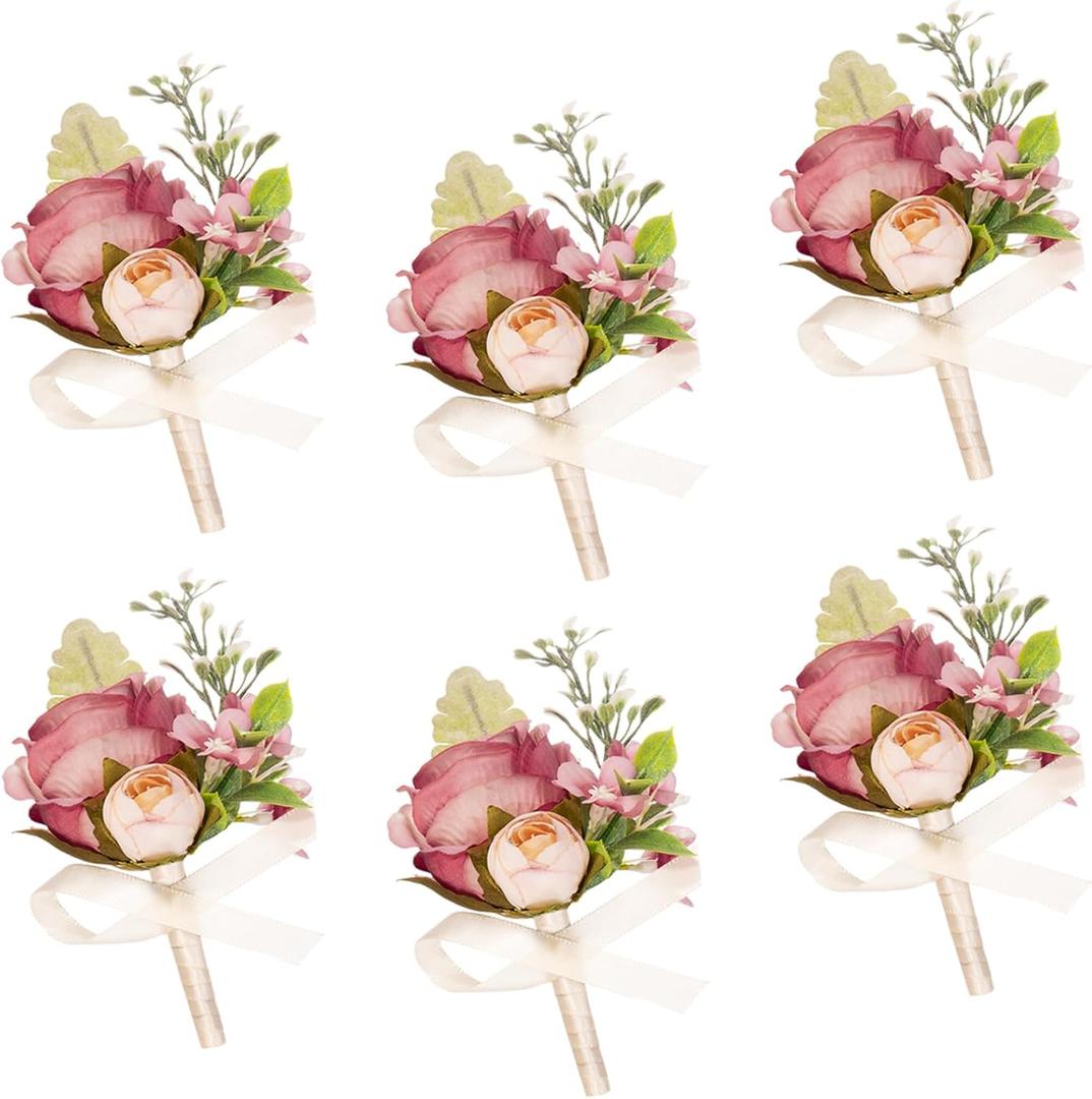 AuroraAria Dusty Rose Boutonniere for Men,Set of 6,Groom Boutonniere for Wedding,Anniversary,Homecoming,Formal Dinner Party,Wedding Decor,Artificial Dusty Rose Rose