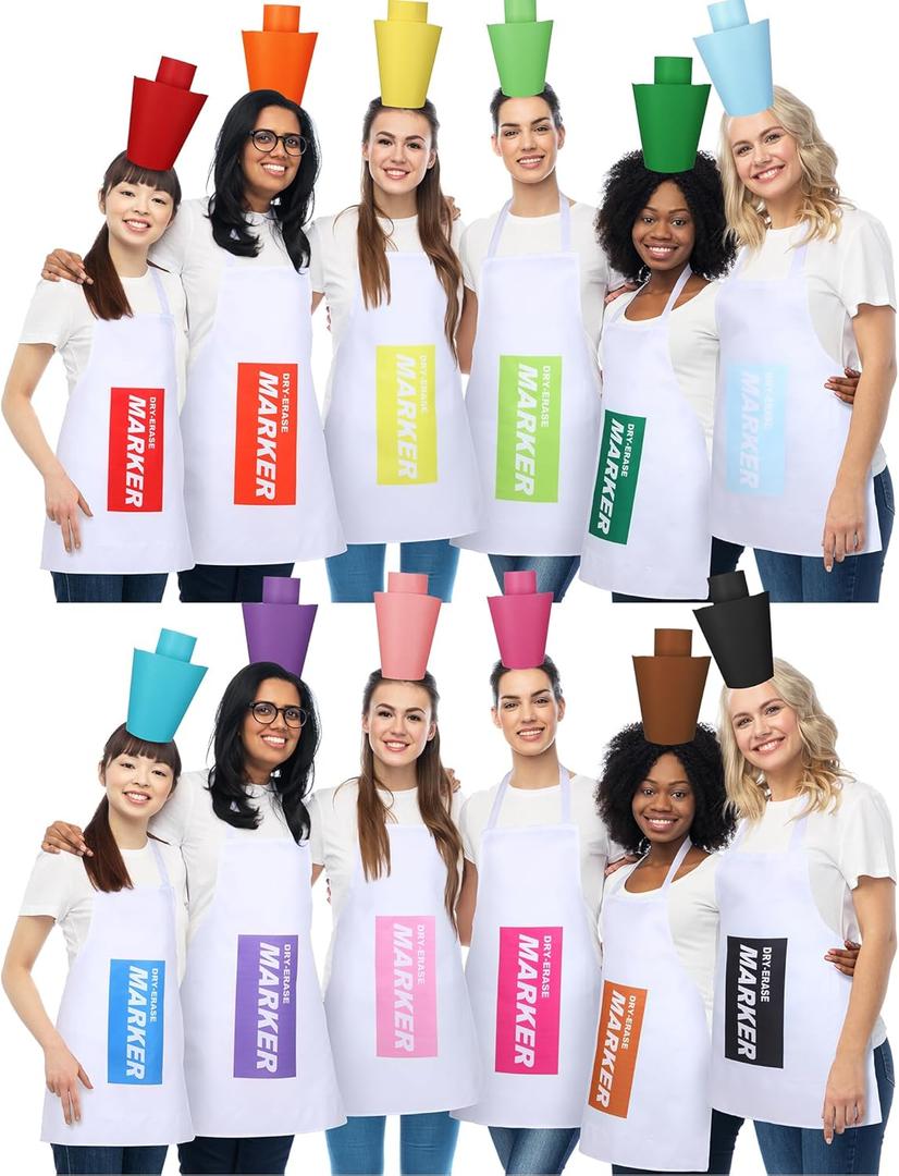 12 Set Dry Erase Marker Costume for Adults, Halloween Marker Costumes for Teachers Apron and Cardstock Hat Crayon Funny Outfit for Halloween Cosplay Dress up