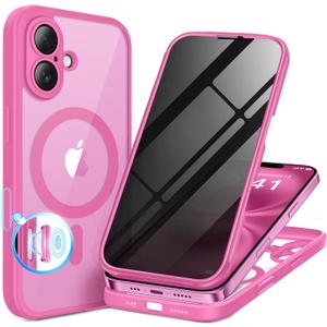 BERFY for iPhone 16 Plus Case, Compatible with MagSafe, Built-in Privacy Screen Protector and Camera Protection, Anti-Spy Full Body Shockproof Clear Phone Case for 16 Plus 6.7", Peony