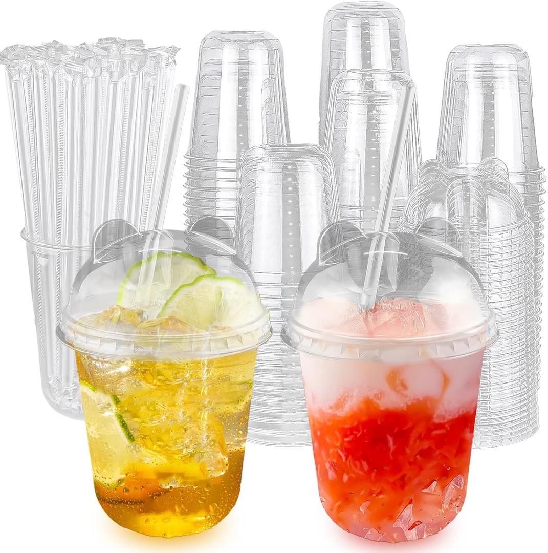 50 Sets 12oz Disposable Transparent Plastic Cup with Panda Lids & Straws, Easy-to-Grip Design, Suitable for Iced Coffee, Milk Tea,Milkshakes,Perfect for Holiday Parties,Various Dining Occasio