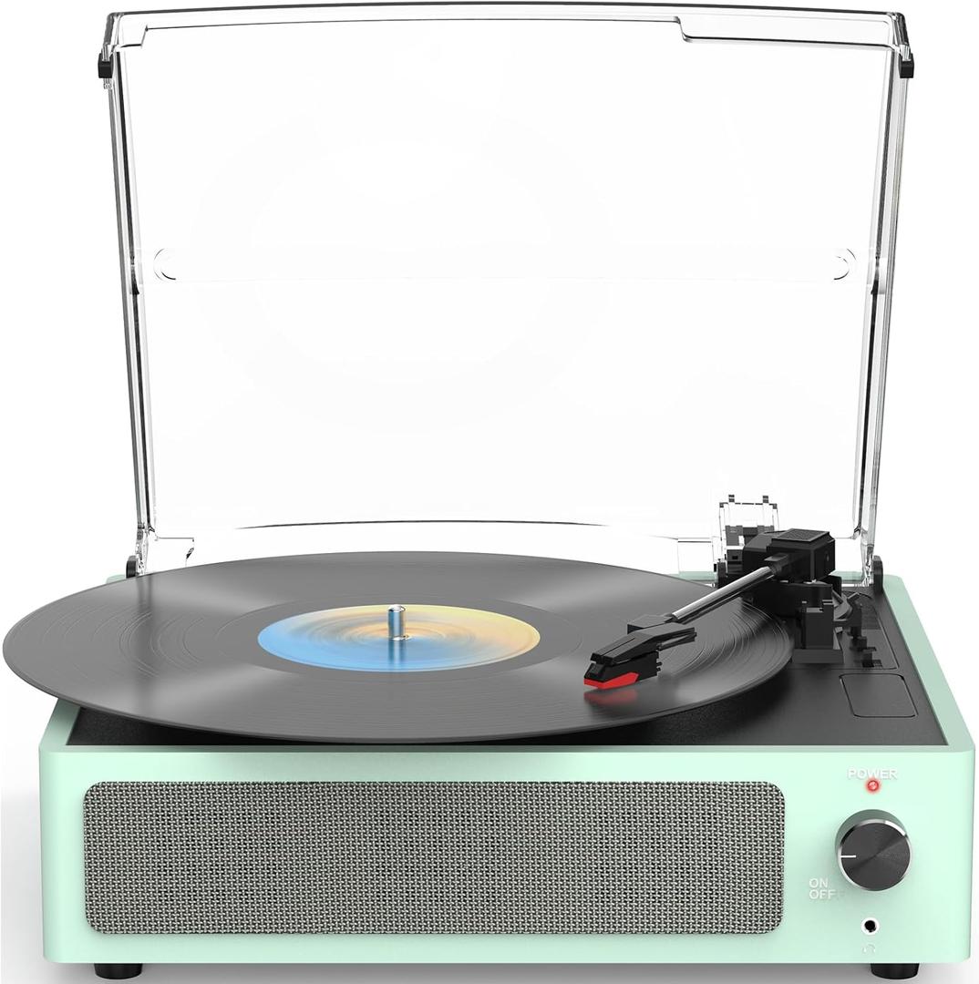 Record Players for Vinyl Turntable with Speakers Belt-Driven 3-Speed LP Phonograph Bluetooth Wireless Input Headphone AUX-in RCA Line Auto Stop for Beginners New Sleek Mint Light Green