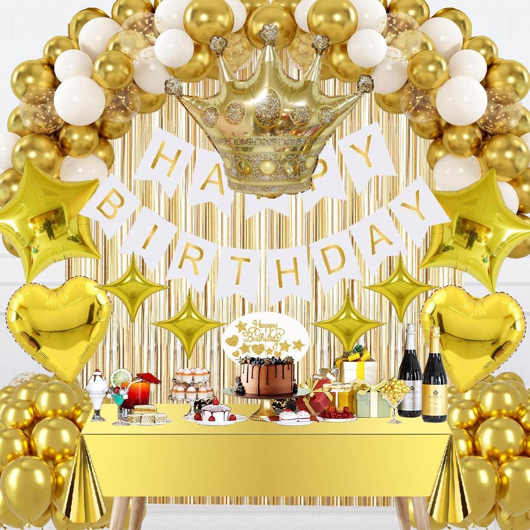 Golden Birthday Decorations Set - Gold Party Decorations with Banner, Crown BalloonBalloon Arch, Curtains Background, Tablecloth, Cake Topper, Confetti Balloons for Boys Girls Men Women Party
