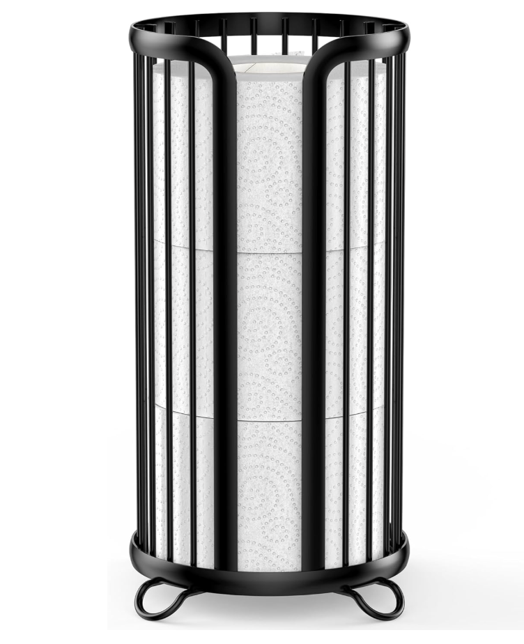 Toilet Paper Holder Stand, Freestanding Toilet Tissue Organizer, Minimalistic Storage Solution, Reserve Mega Rolls-Modern Black