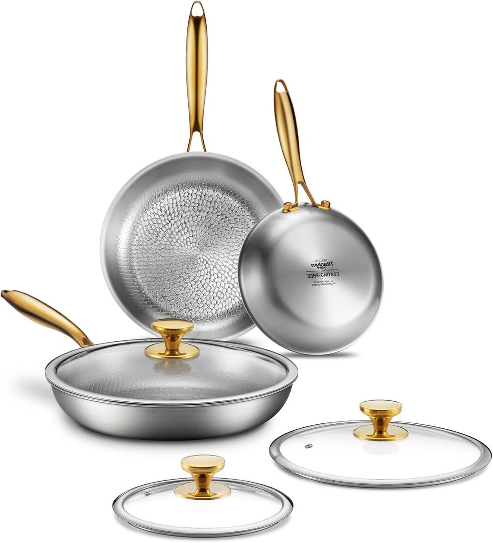 Titanium Pans | 8+10+12 Inch Pure Titanium Skillet Set with Lids for Cooking | Hammered Chef-Grade Tagine Design | PFAS/PFOA/PTFE-Free | Induction & Oven-Safe, Dishwasher Safe