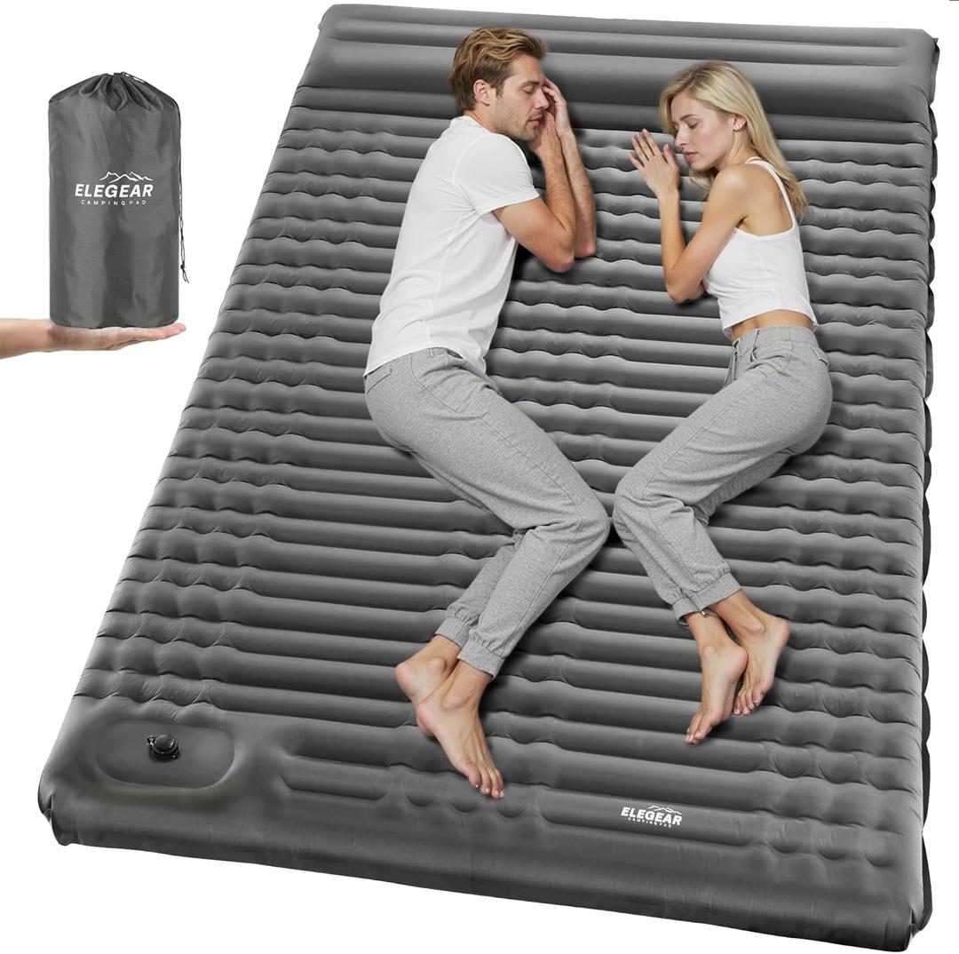 Elegear Double Sleeping Pad for Camping, 4" Ultra-Thick Self Inflating Camping Pad 2 Person with Pillow Built-in Foot Pump Camping Sleeping Mat for Backpacking, Hiking, Portable Camping Pad (Full, Grey)