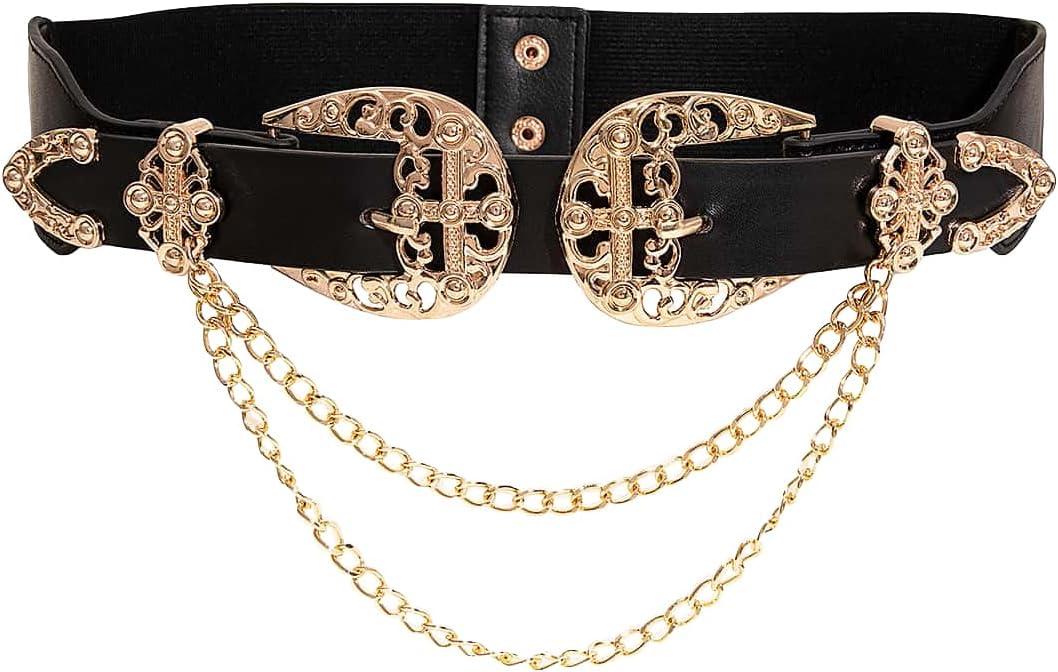 Verdusa Women's Double Buckle Chain Cowgirl Belts Leather Elastic Waist Belt (Black) Verdusa Women's Double Buckle Chain Cowgirl Belts Leather Elastic Waist Belt (Black)