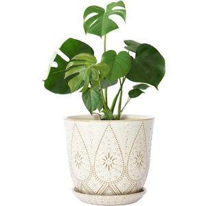 Gepege 10 Inch Plant Pot, Creamy White Ceramic Planter with Drainage Holes and Saucers for Plants Indoor and Outdoor Flower Pot (10inch, Cream White)