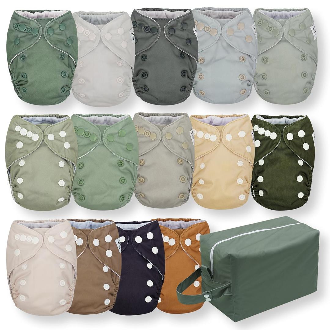 Nora's Nursery Newborn All-in-One Cloth Diaper 14-Pack with Diaper Pod for Clean Storage - Waterproof, Washable, Reusable, and Adjustable for Babies Under 12lbs - Evergreen (Evergreen Newborn 14 Pack)