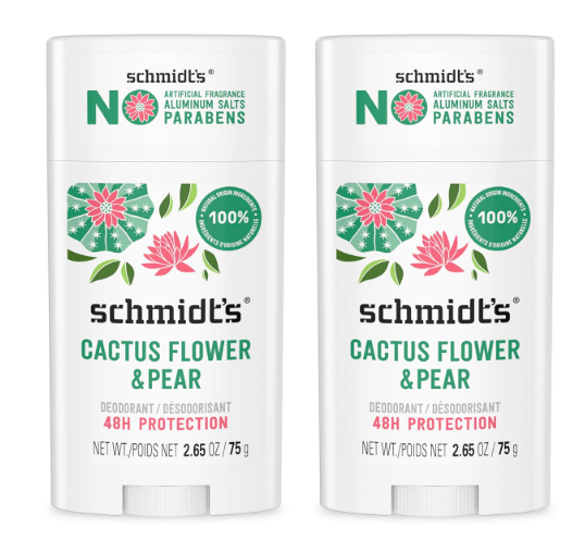 Schmidt's AluminumFree Vegan Deodorant Cactus Flower & Pear with 24Hour Odor Protection, 2 Count for Women and Men, Natural Ingredients, CrueltyFree, 2.65 oz