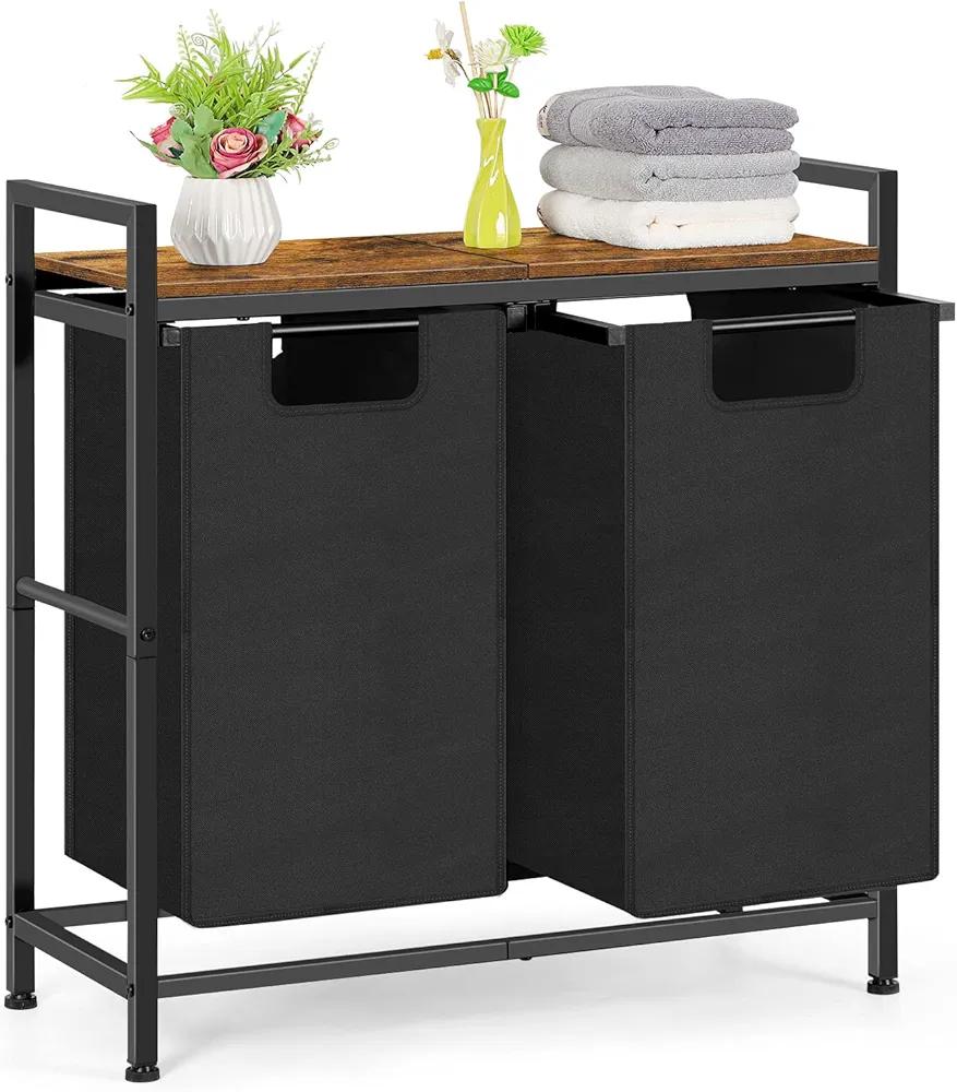 Laundry Basket 2 Section Laundry Hamper with Wooden Shelf and 2x45L Removable Laundry Sorter Bags Double Clothes Hamper for Laundry Room Bathroom Dorm Oxford Fabric Metal Frame, Rustic Brown and Black
