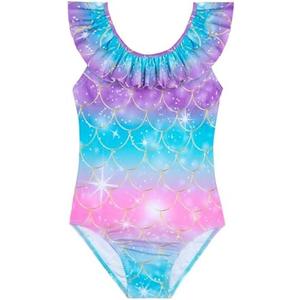 XiaoMoSha Girls Swimsuits Ruffled Round Neck One Piece Bathing Suits Quick Dry UPF 50+ Summer Hawaii Swimwear for Kids, size 120