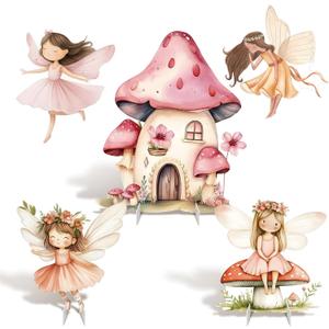 Fairy First Birthday Decoration 5PCS Floral Fairy Princess Cardboard Cutout Pink Stand Up Prop Mushroom Door Backdrop Yard Stake for Enchanted Woodland Fairytale Party Decor