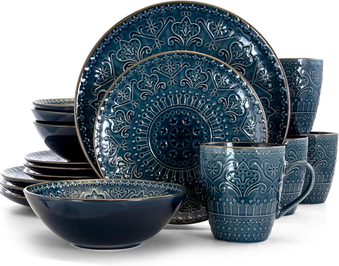 Elama Deepsea Mozaic 16 Piece Round Stoneware Dinnerware Set in Sea Blue