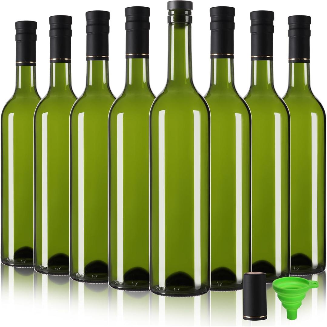 8 Pack 750 ml Green Glass Wine Bottles With T-top Caps & Seal Shrink Capsules, Empty Bottles With Funnel for Beverages, Juice & Kombucha
