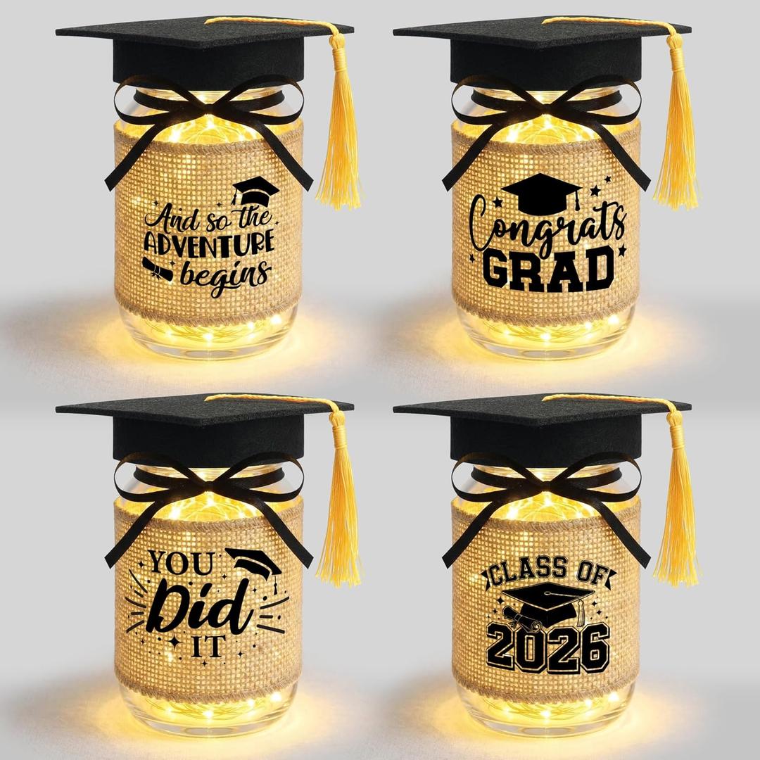TREWAVE 4 Sets Graduation Centerpieces for Tables - Class of 2026 Graduation Decorations, Glass Mason Jars with Grad Caps & LED Lights for College High School Party Table Decor, Congrats Grad Gifts