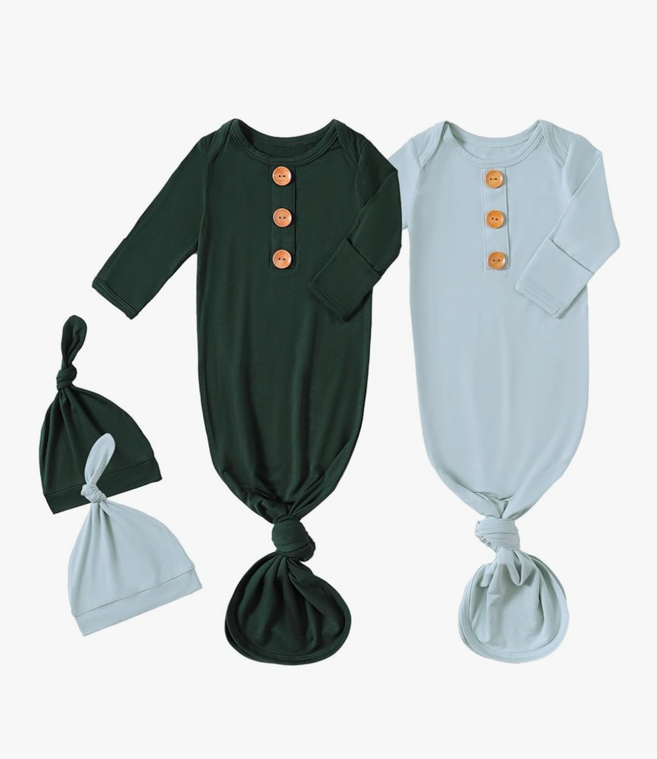 OPAWO Knotted Gown Baby Newborn Sleepers Baby Boy Coming Home Outfit, Bamboo Viscose Baby Gowns with Mitten Cuffs and Hat Set 0-3 M