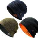 3 Pack Reversible Winter Fleece Lined Beanie Hats for Men Women Warm Windproof Cotton Stretchy Knitted Skull Caps (One Size, Black+blue+khaki)