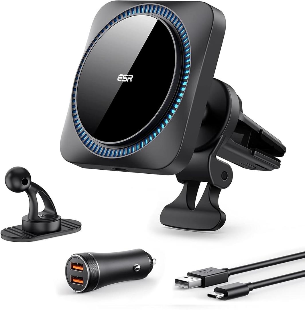 ESR for MagSafe Car Mount Charger with CryoBoost, Magnetic Wireless Car Charger, for MagSafe Car Charging, for iPhone 17e/17/16/15/14/13/12, S26/S25, Fast Phone Cooling Charging Set,36W QC 3.0 Adapter