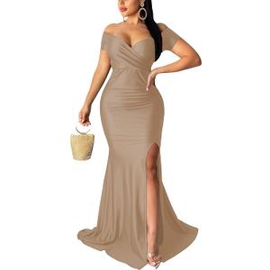 Women Sexy Off Shoulder Prom Evening Gowns Elegant V Neck Short Sleeve Wrap Formal High Split Wedding Guest Dress XL