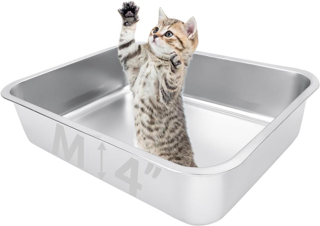 HNeekyr Small Stainless Steel Litter Box, 17.5"13.6"4" Metal Litter Box Low Side Easy Entry, Rust-Proof, Non Stick, No Smell, Easy to Clean for Kittens, Elderly Cats, Rabbits