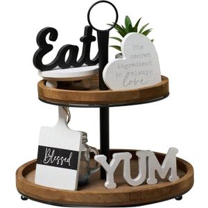 GENMOUS Farmhouse Kitchen Tiered Tray Decor Items Mini Set, Rustic Black and White Kitchen Counter Decor, Two Tiered Tray Kitchen Decor Set for Home Kitchen Dining Room Table Decoration