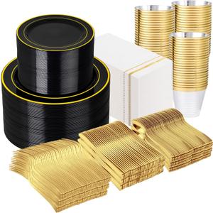 GATHER 700PCS Black Plastic Plates - Gold Disposable Plastic Dinnerware Set Include 200 6.3inch/9inch Black Plates, 300 Silverware, 100 Napkins, 100 Cups for Party & Wedding & Holloween