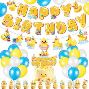 Duck Birthday Decorations Duck Party Decorations with Happy Birthday Banner Rubber Duck Garland Cupcake Toppers Cake Topper for Duck Themed Party Supplies