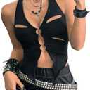 MakeMeChic Women's Sleeveless Halter Crop Tops Ring Cut Out Backless Split Y2k Top (Medium, Black)