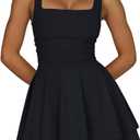Women's Square Neck Ruffle Hem Mini Dress Ruched Waist Corset Short Party Dresses (Black, XL)