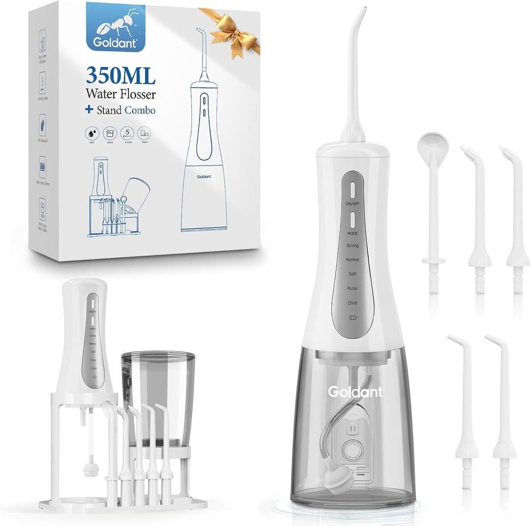 2026 Upgraded Version 350ML Water Flosser with Drainage & Storage Stand, Keeps Dry & Clean, 5 Modes, 360Nozzle, Cordless Rechargeable, IPX7 Waterproof, Portable for Home & Travel (White)