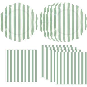 50PCS Sage Green Striped Paper Plates and Napkins Party Supplies, Green and White Scalloped Party Plates and Napkins Tableware Set for Birthday Bridal & Baby Shower Wedding Party Decoration
