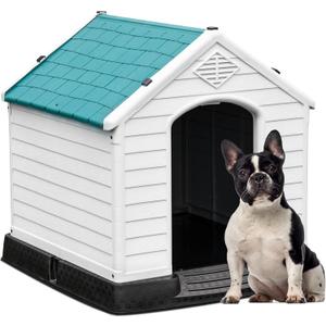 YITAHOME 28.5'' Plastic Dog House Outdoor Indoor Doghouse Puppy Shelter Water Resistant Easy Assembly Sturdy Dog Kennel with Air Vents and Elevated Floor (28.5''L*26''W*28''H, Blue)