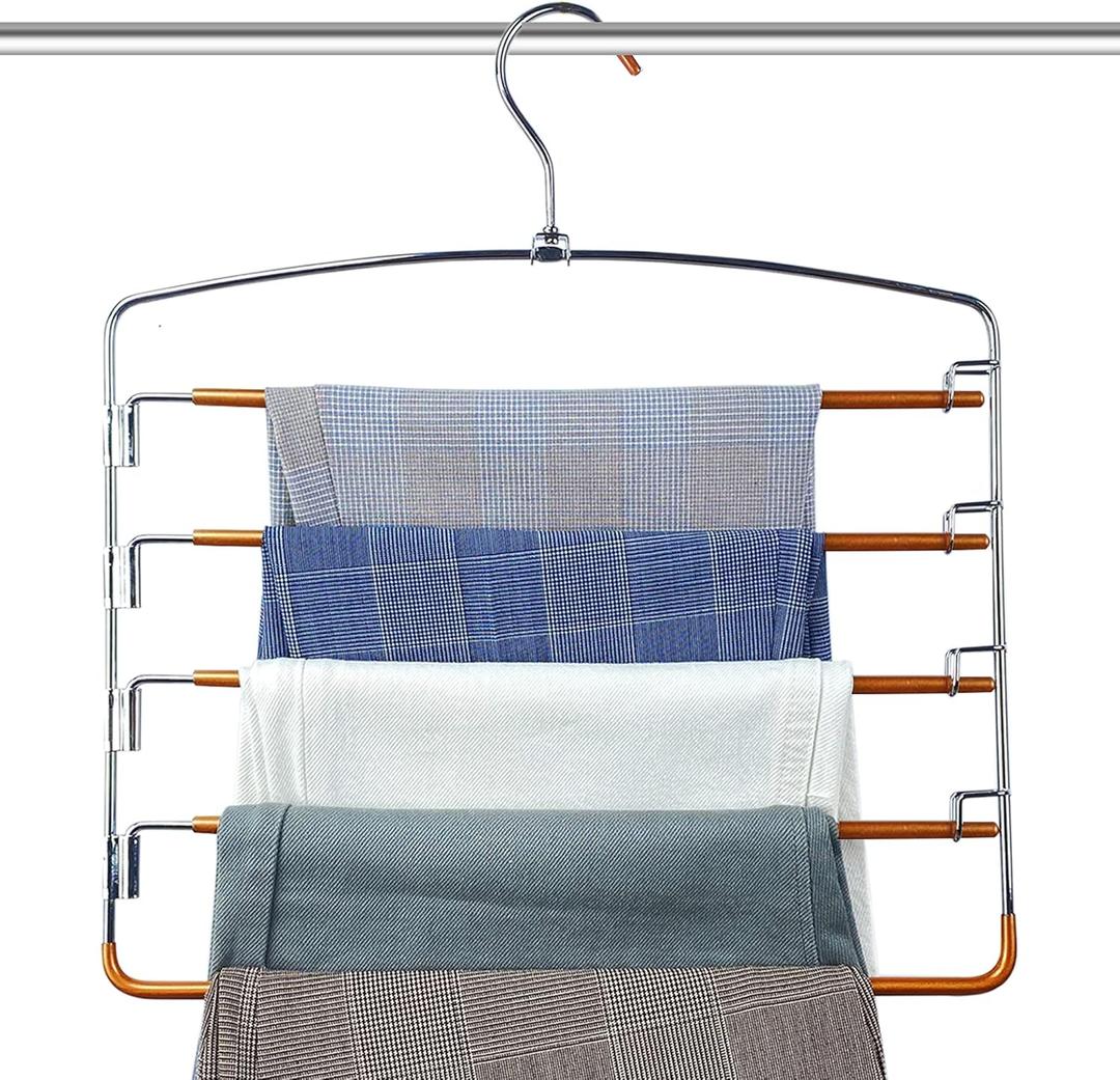 FeeraHozer Pants Hangers Non Slip 3 Pack Space Saving Hangers Multi-Layer Swing Arm Stainless Steel Space Saver Rack for Jeans Scarf Trouser Clothes (Gold)