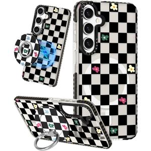 Lotadilo Cute Case for Samsung Galaxy S25 Plus for Women Girls - Funny Plaid Flower Design Compatible with Magsafe Magnetic Ring Holder Kickstand Fashion TPU Phone Covers