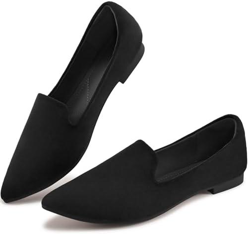 Aomigoct Flats for Women Dressy Shoes: Comfortable Suede Work Flats - Ladies Casual Loafers Slip On Walking Shoes Black Size 42