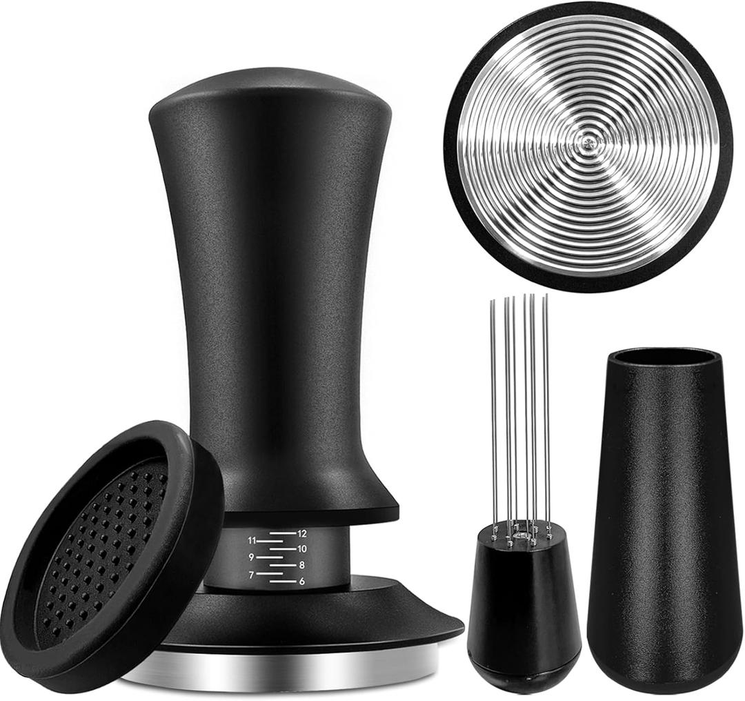 Espresso Hand Tamper 51mm, Coffee Tamper with WDT Tool Calibrated Spring Loaded, Hand Tampers with Silicone Mat, 100% Flat Stainless Steel Base Tamper for Espresso Coffee Machine (Black1)
