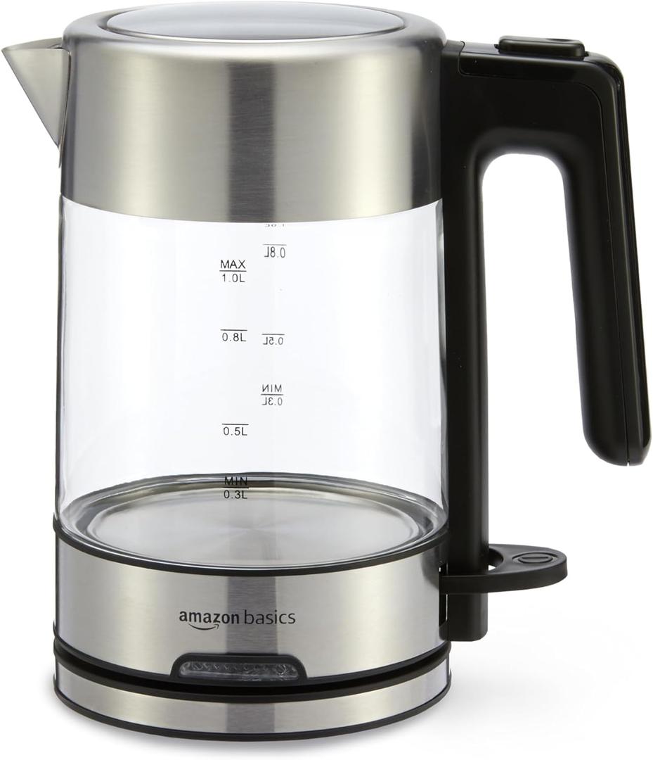 Amazon Basics Electric Kettle with Glass Carafe for Tea and Coffee, BPA-Free, Fast Boiling, Auto Shut-Off, 1.1 Quarts, 1500W, Glass and Steel