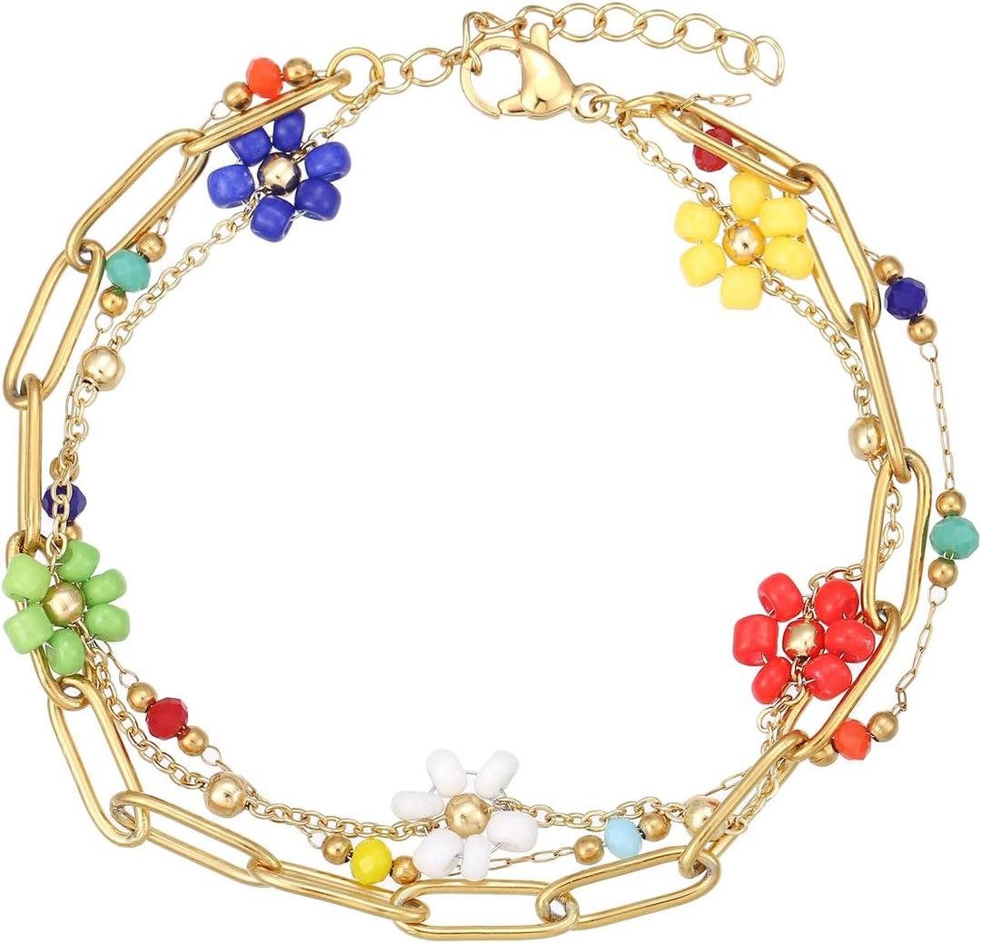 LUREME Boho Multi-Layer Stainless Steel Bracelet Set – Gold-Tone Multicolor Floral Charm Bracelets for Women, Beach Holiday Jewelry (bl003614)
