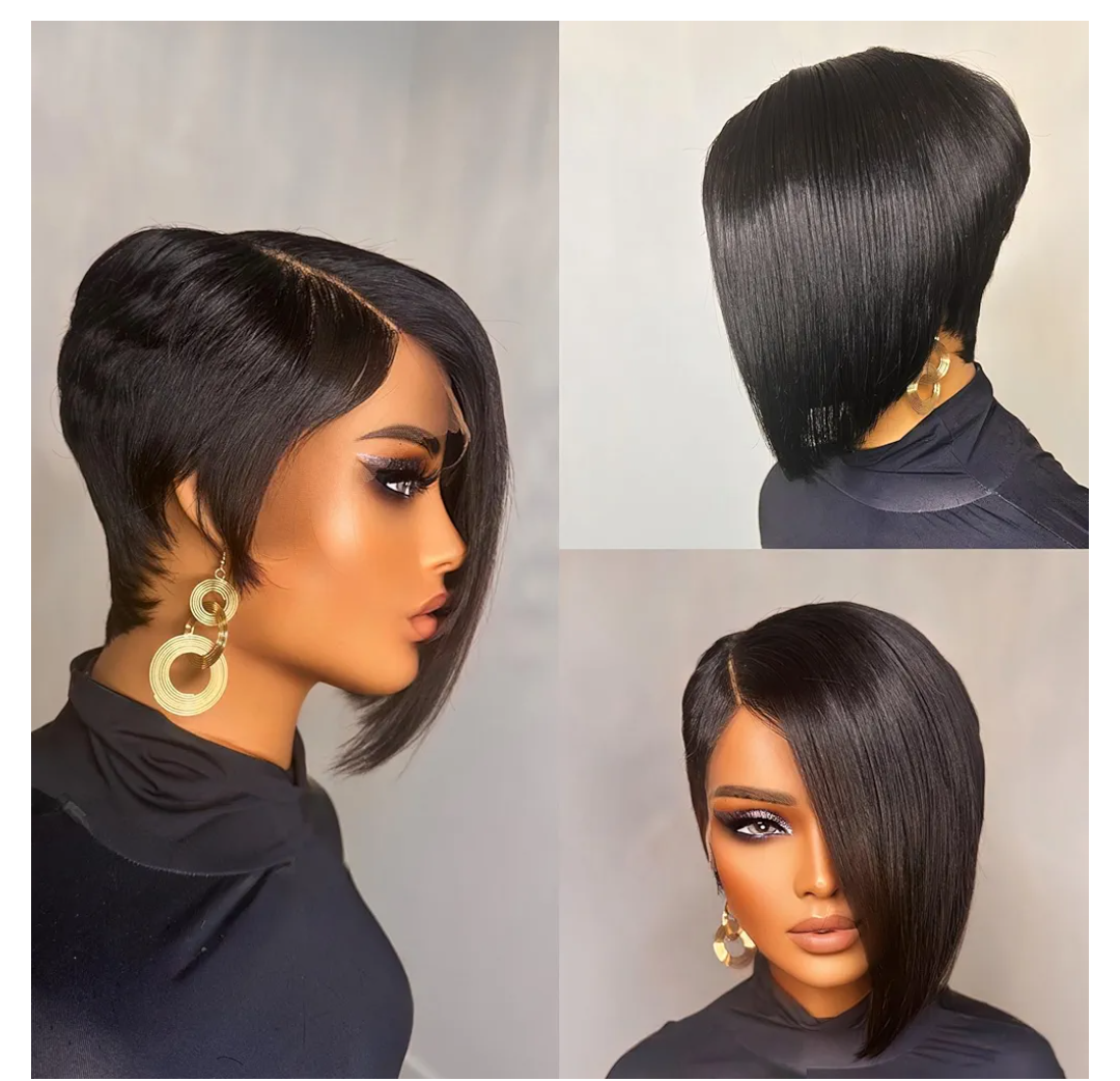 4x4 Lace Closure Pixie Cut Human Hair Wigs for Women Glueless Short Layered Pixie Cut Straight Lace Frontal Wigs Brazilian Virgin Straight Human Hair Wig Natural Black Color