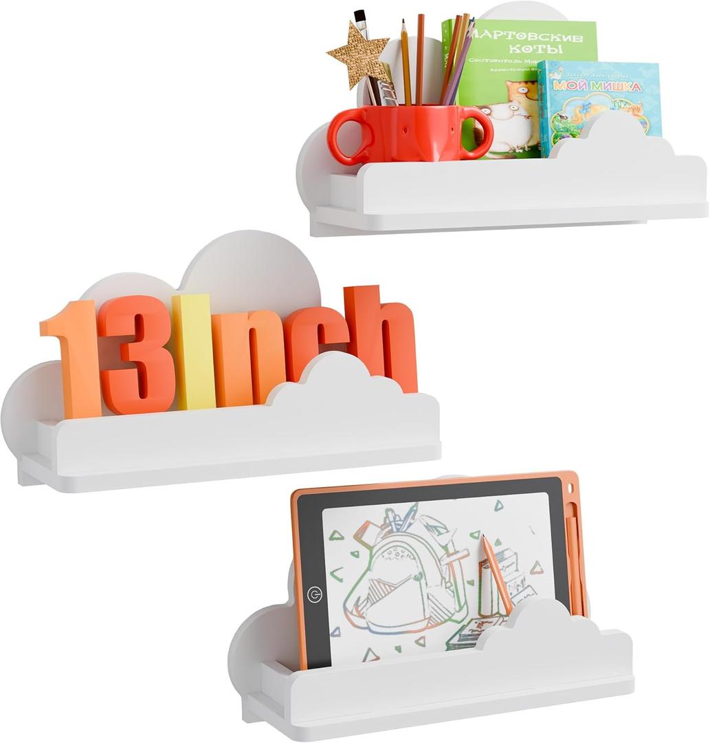 Cloud Shelves for Kids Room, 13 Long Nursery Wall Deor Set of 3, White Cloud Bookshelf Floating Shelf, Figure Shelf Wall Mounted, Cute Decorative Cloud Wall Shelf for Toys, Plants & Storage