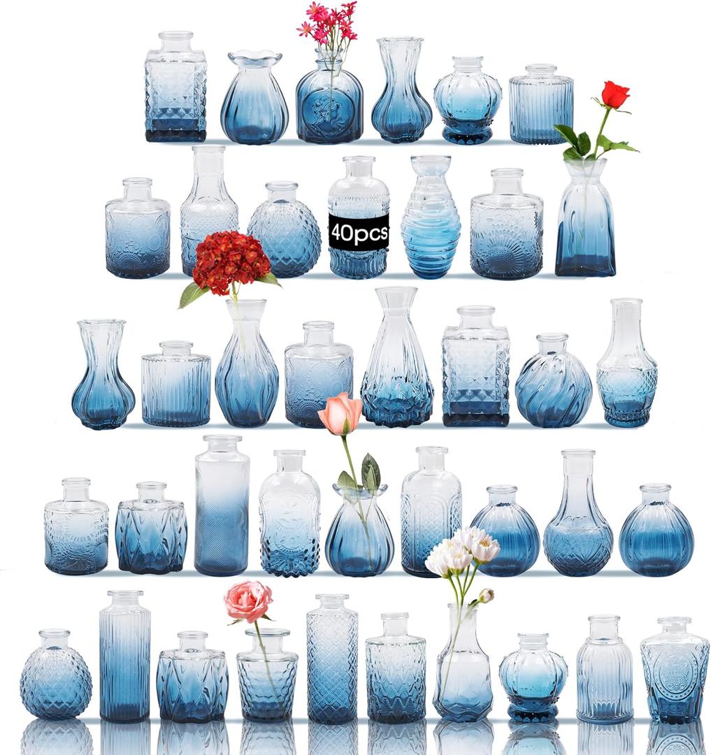 Glass Bud Vases Set of 40 PCS, Small Flower Vases for Wedding Centerpiece Table Decoration, Vintage Vase in Bulk for Flower Arrangements, Mini Vase for Birthday Party, Festival Home Decor, Blue